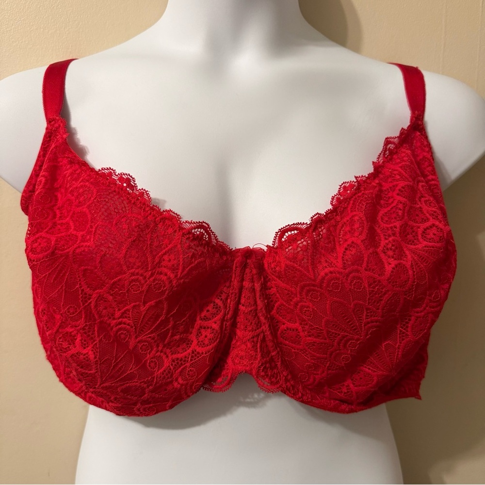 Torrid Curve Bra 46DDD Unlined Sheer Sexy Red Lace
